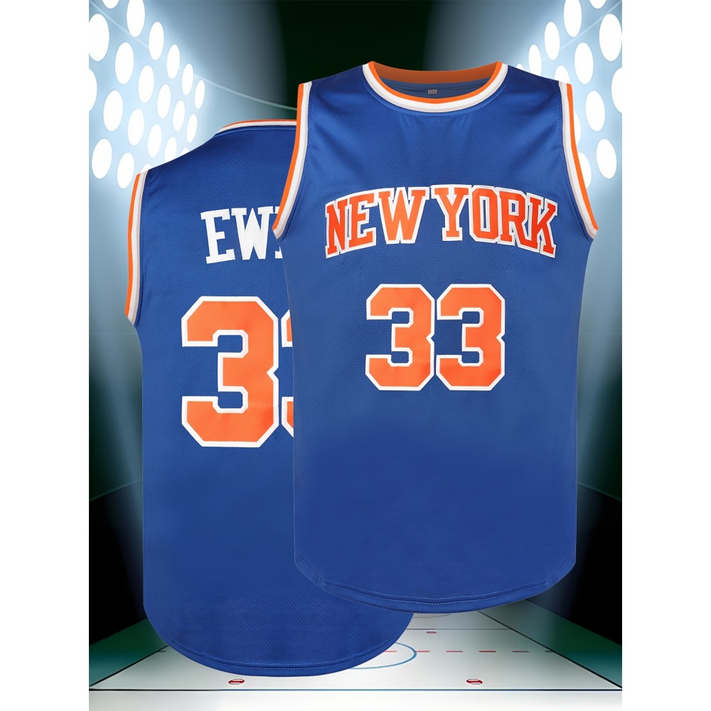 Men's #33 New York Basketball Jersey - Blue & Orange,, Lightweight Polyester, Round Neck Sleeveless Sports Shirt for Training, Competition & Casual Wear Men's #33 New York Basketball Jersey - Blue & Orange,, Lightweight Polyester, Round Neck Sleeveless Sports Shirt for Training, Competition & Casual Wear