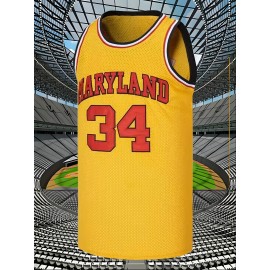 Men's #34 Yellow Basketball Jersey with Red Accents - Embroidered Polyester, Loose Fit, Breathable & Stretch Fabric for Sports, Casual Wear, and Outdoor Activities, Sizes S-XXXL