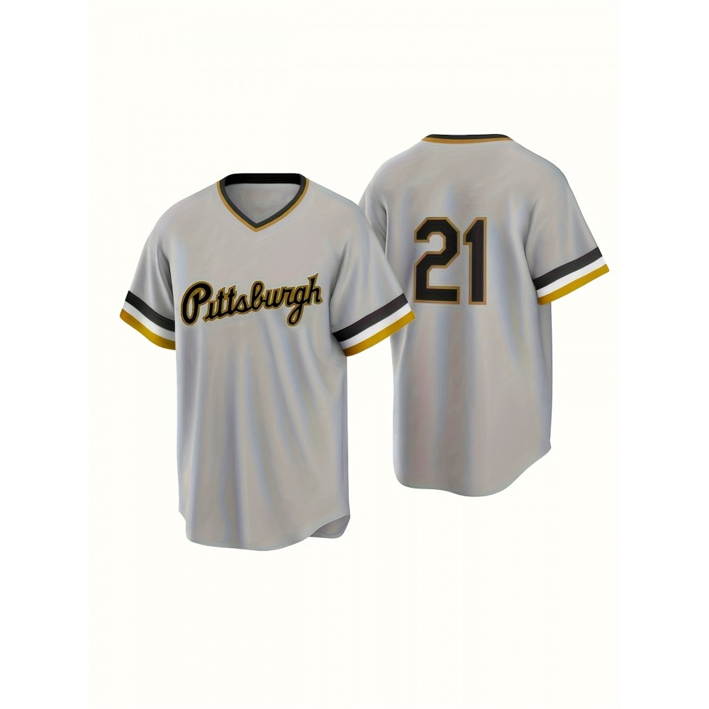 Men's Vintage Pittsburgh Baseball Jersey #21 - Retro V-Neck Button-Up, Moisture-Wicking Breathable Polyester, Loose Fit for Sports & Casual Wear (S-XXXL)