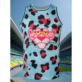 Men'S American Basketball Suit, Pink Leopard Spotted Blue Basketball Suit, Street Cool, Suitable For Beach Outings In Spring, Summer, And Autumn