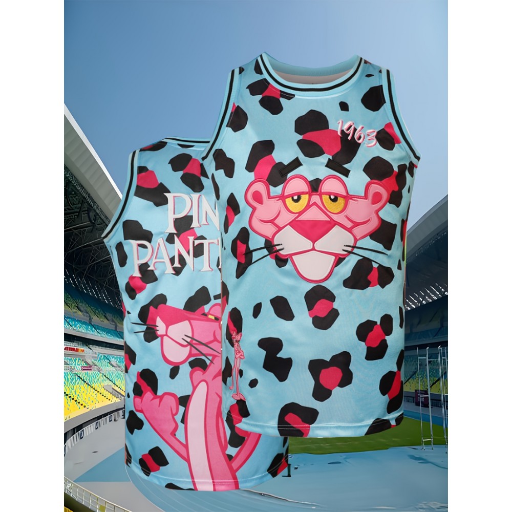 Men'S American Basketball Suit, Pink Leopard Spotted Blue Basketball Suit, Street Cool, Suitable For Beach Outings In Spring, Summer, And Autumn Men'S American Basketball Suit, Pink Leopard Spotted Blue Basketball Suit, Street Cool, Suitable For Beach Outings In Spring, Summer, And Autumn
