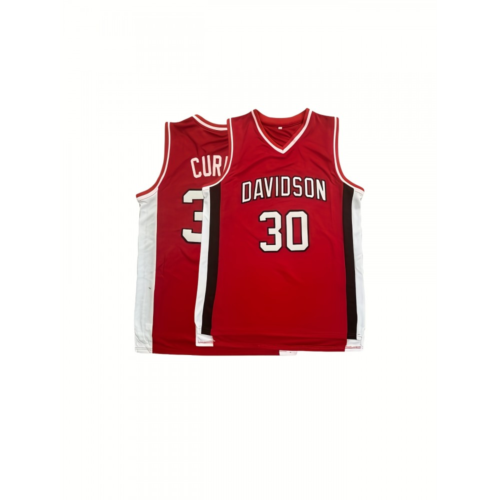 Men'S #30 Vintage College Basketball Jersey Embroidered Lettering Loose Fit White&Red Men'S #30 Vintage College Basketball Jersey Embroidered Lettering Loose Fit White&Red