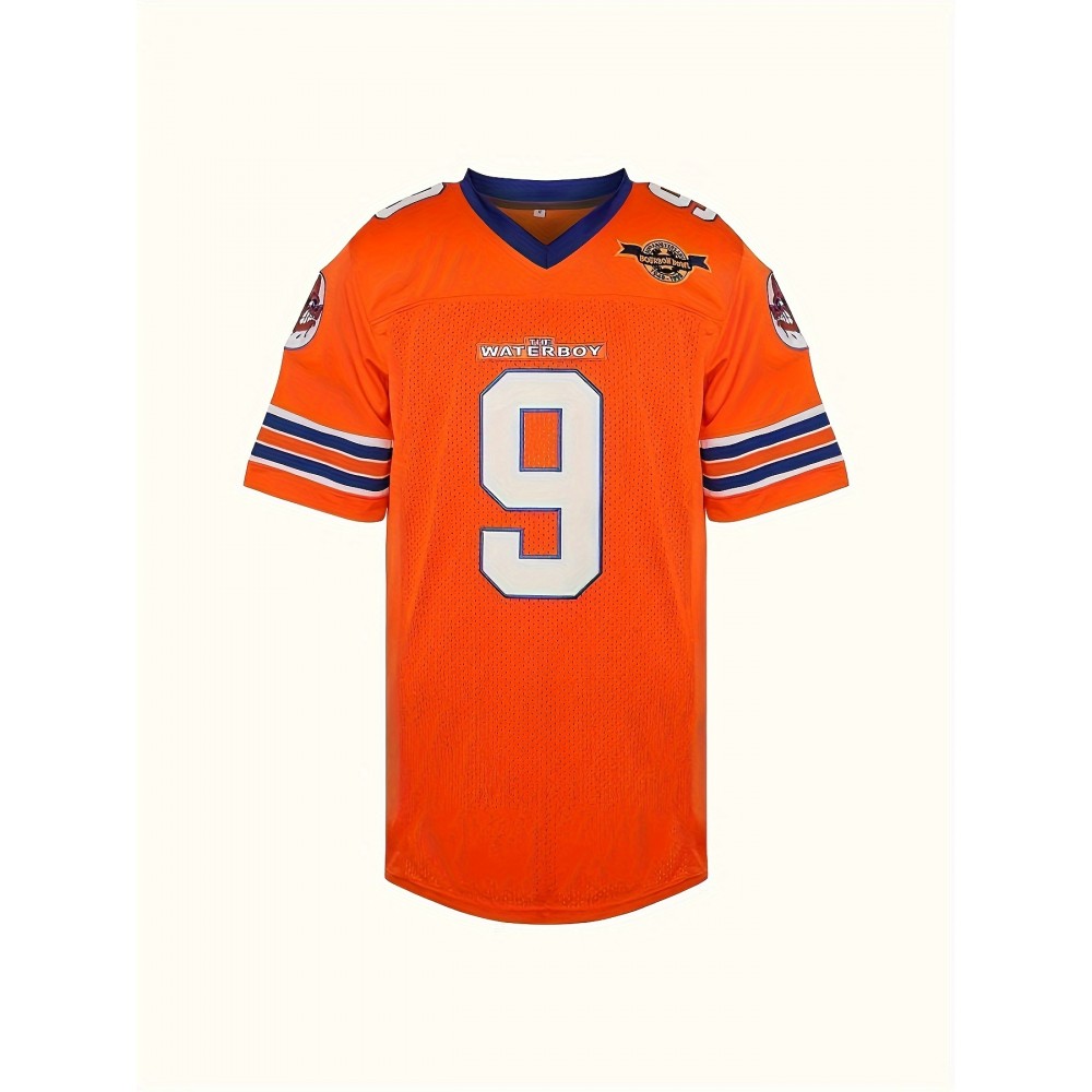 Men's Retro #9 Orange Football Jersey with Embroidery - V-Neck, Short Sleeve, Breathable & Moisture-Wicking, Ideal for Parties, Outdoor Sports & Casual Wear