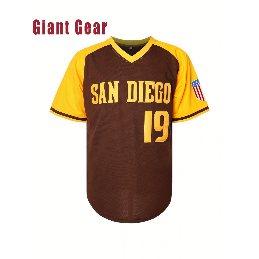 Men's #19 Brown Baseball Jersey with San Francisco Lettering & American Flag Patch - Loose Fit V-Neck Pullover for Training, Team Sports, Casual Wear (Sizes S-3XL), Outdoor Activity Clothing | Sporty Vneck Style | Durable Sportswear Men's #19 Brown Baseball Jersey with San Francisco Lettering & American Flag Patch - Loose Fit V-Neck Pullover for Training, Team Sports, Casual Wear (Sizes S-3XL), Outdoor Activity Clothing | Sporty Vneck Style | Durable Sportswear