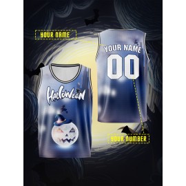 Boys' Customizable Name & Number Halloween Basketball Jersey - Polyester, 100% Polyester Breathable Sports Vest, Kids All-Over Print Tank Top for Training, Running, Outdoor Activities, Casual Parties, Loose Fit for Children Over 3 Years Old