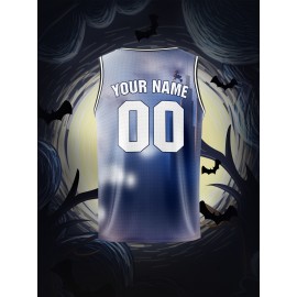 Boys' Customizable Name & Number Halloween Basketball Jersey - Polyester, 100% Polyester Breathable Sports Vest, Kids All-Over Print Tank Top for Training, Running, Outdoor Activities, Casual Parties, Loose Fit for Children Over 3 Years Old