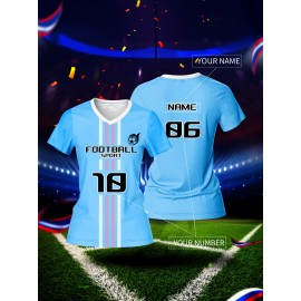 Customizable Women's V-Neck Football Jersey - Personal Name & Number, Breathable Polyester, Quick-Dry Sports Top for Team Training & Casual Wear, Blue with Striped Accents