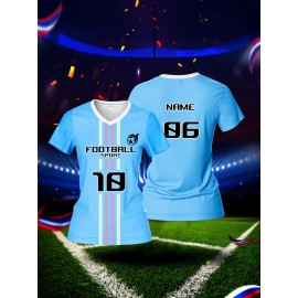 Customizable Women's V-Neck Football Jersey - Personal Name & Number, Breathable Polyester, Quick-Dry Sports Top for Team Training & Casual Wear, Blue with Striped Accents