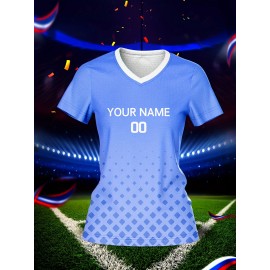 Customizable Women's V-Neck Football Jersey - Light Blue, Personalized Name & Number, Breathable Polyester, Quick-Dry for Sports, Training & Casual Wear