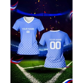 Customizable Women's V-Neck Football Jersey - Light Blue, Personalized Name & Number, Breathable Polyester, Quick-Dry for Sports, Training & Casual Wear