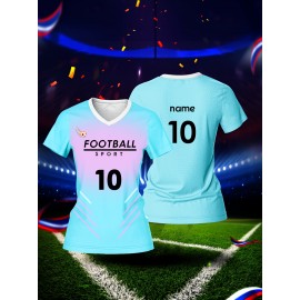 Customized Name & Number Women's V-Neck Football Jersey - Breathable Quick-Dry Moisture-Wicking Fabric, Team Training & Casual Wear, Light Blue with Black Number Print, Spring Summer Fall Sports Apparel, Breathable Fabric