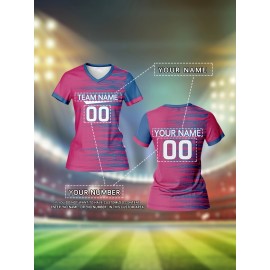 [Quick-Dry Soccer Jersey] Breathable Quick-Dry Custom Women's V-Neck Soccer Jersey | Personalized Name & Number, Pink with Blue Stripes for Team Training, Sports Fitness, and Casual Wear