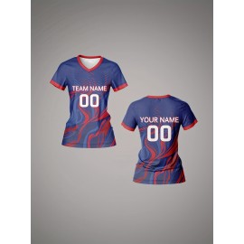 Customizable Women's V-Neck Football Jersey - Personalized Name & Number, Breathable Polyester, Quick-Dry Sports Top for Team Training, Casual Wear, and Fitness - Blue with Red & White Accents, Sports Training Top | Athletic Clothing | Smooth Fabric