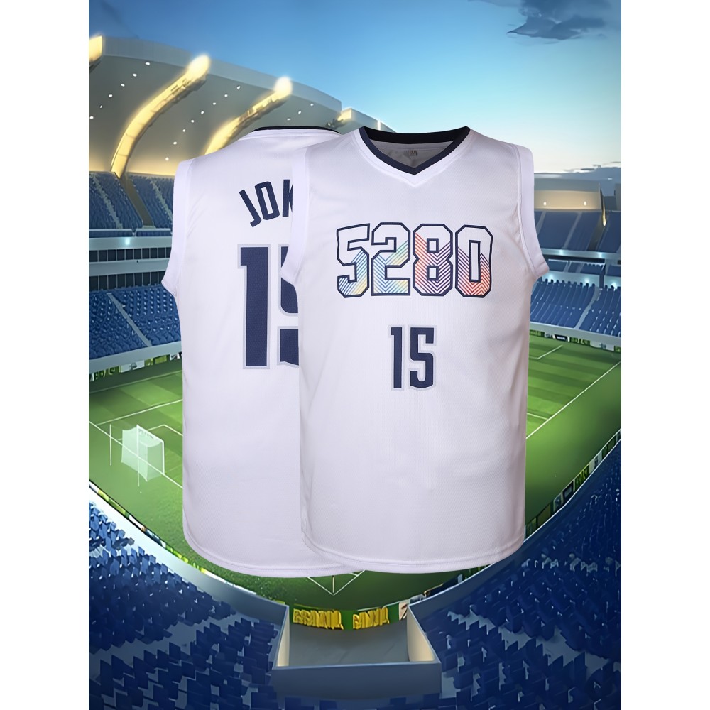 Men's #15 White Basketball Jersey - V-Neck, Breathable Polyester, Men's #15 White Basketball Jersey - V-Neck, Breathable Polyester,