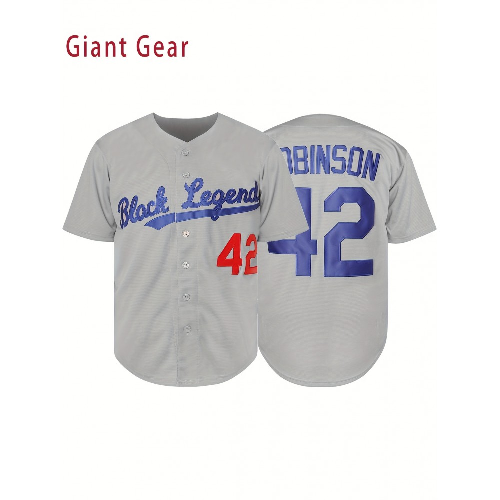 Men'S Baseball Shirt # 42 Grey Embroidered Polyester Baseball Shirt Loose Knitted Fabric Suitable For Spring, Summer, And Autumn Wearing S-3XL Men'S Baseball Shirt # 42 Grey Embroidered Polyester Baseball Shirt Loose Knitted Fabric Suitable For Spring, Summer, And Autumn Wearing S-3XL