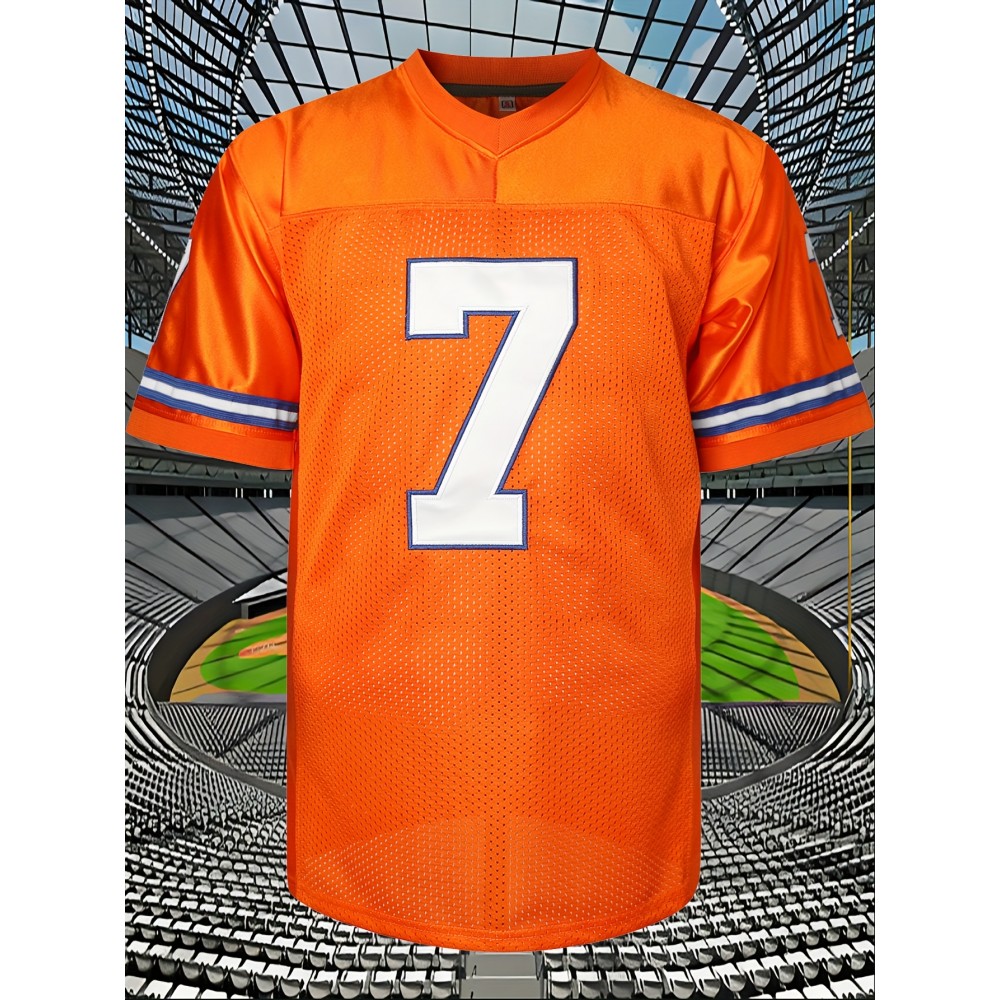 Men's #7 Embroidered Orange Football Jersey - V-Neck, Loose Fit Mesh Fabric, Breathable & Stylish for Spring, Summer, Fall Sports & Casual Wear Men's #7 Embroidered Orange Football Jersey - V-Neck, Loose Fit Mesh Fabric, Breathable & Stylish for Spring, Summer, Fall Sports & Casual Wear