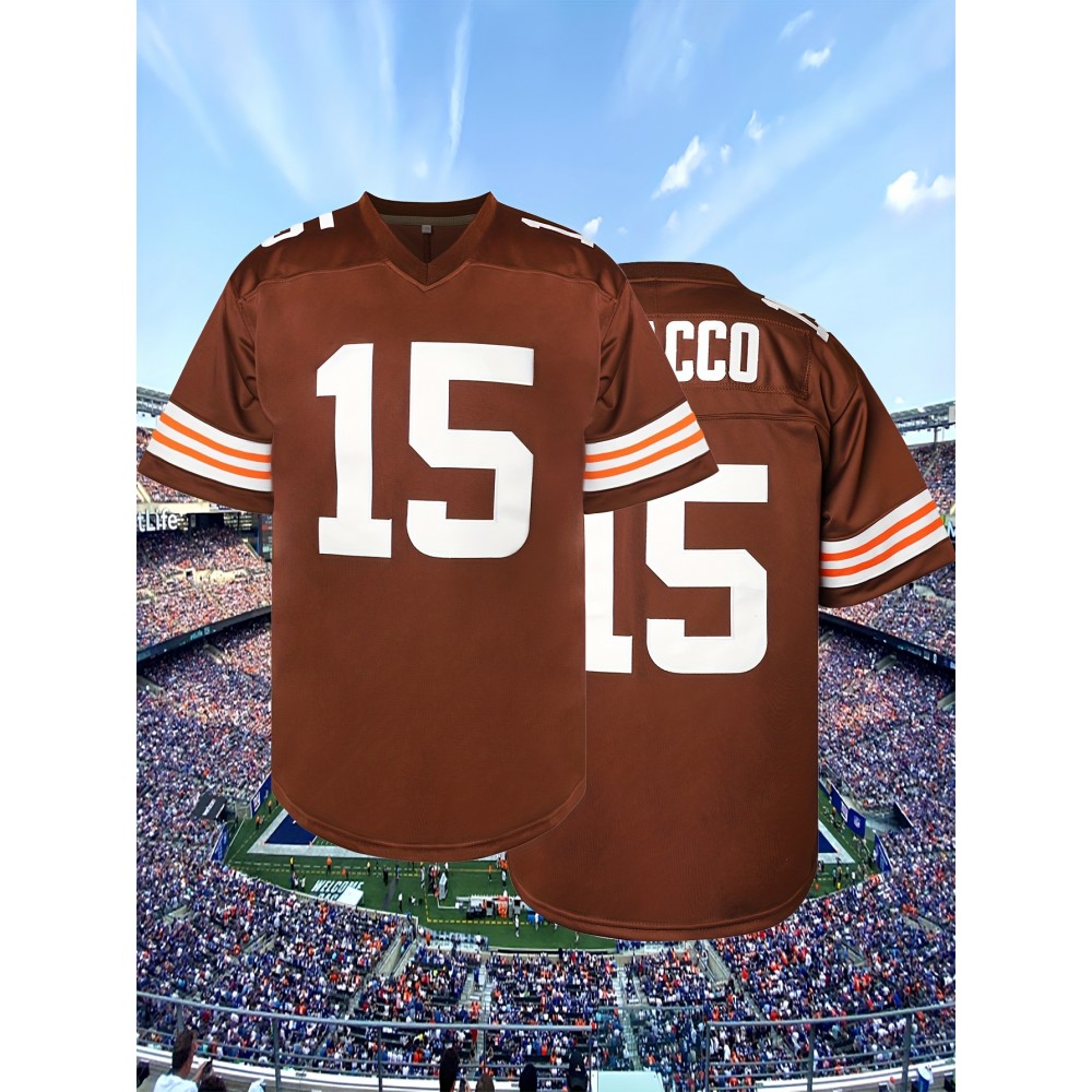 Men's #15 Brown American Football Jersey - V-Neck,, Polyester, Ideal for Training & Team Sports, Sizes S-XXXL, Team Jersey|Vneck Sports Top| Detailing Men's #15 Brown American Football Jersey - V-Neck,, Polyester, Ideal for Training & Team Sports, Sizes S-XXXL, Team Jersey|Vneck Sports Top| Detailing